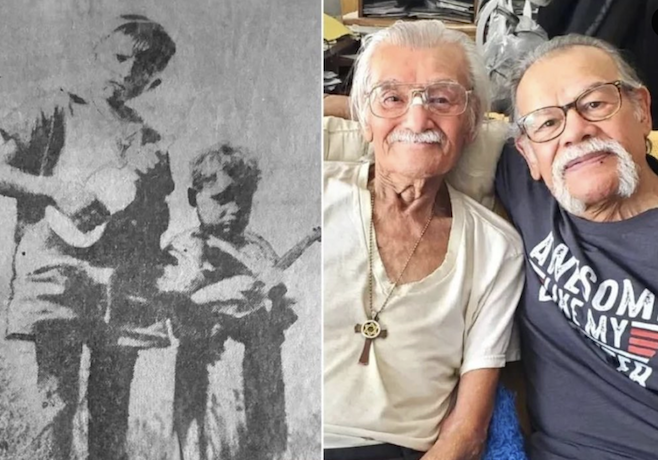 Split screen of Luis Armando Albino and his brother Roger as children and as adults now reunited